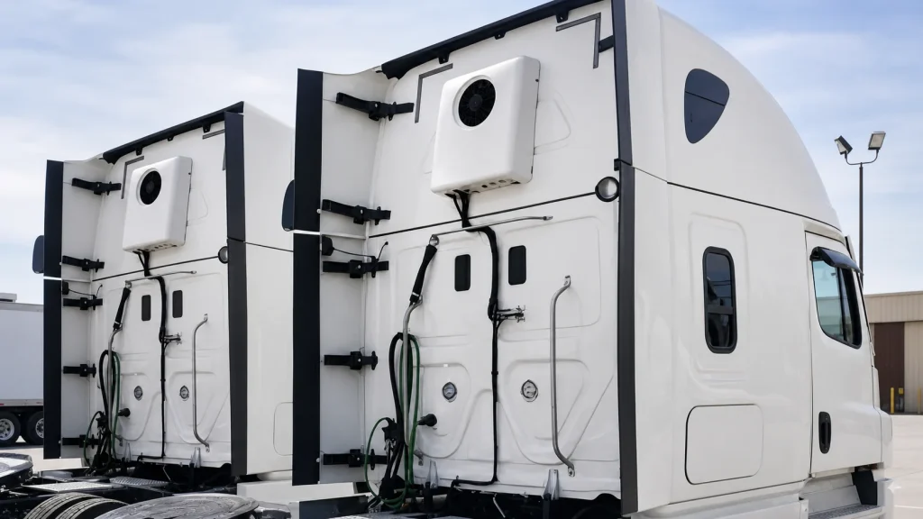 Rear-mounted parking air conditioners installed on two long-haul truck sleeper cabs